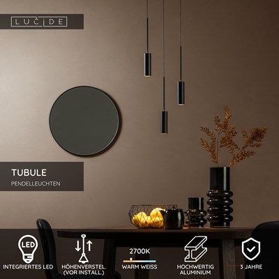 Lucide TUBULE - Pendelleuchten - Ø 26 cm - LED - 3x7W 2700K - Schwarz